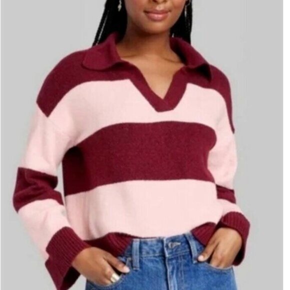 Wild Fable Sweater Maroon Stripe Collared Knit Slouchy Pullover Womens - Picture 1 of 7